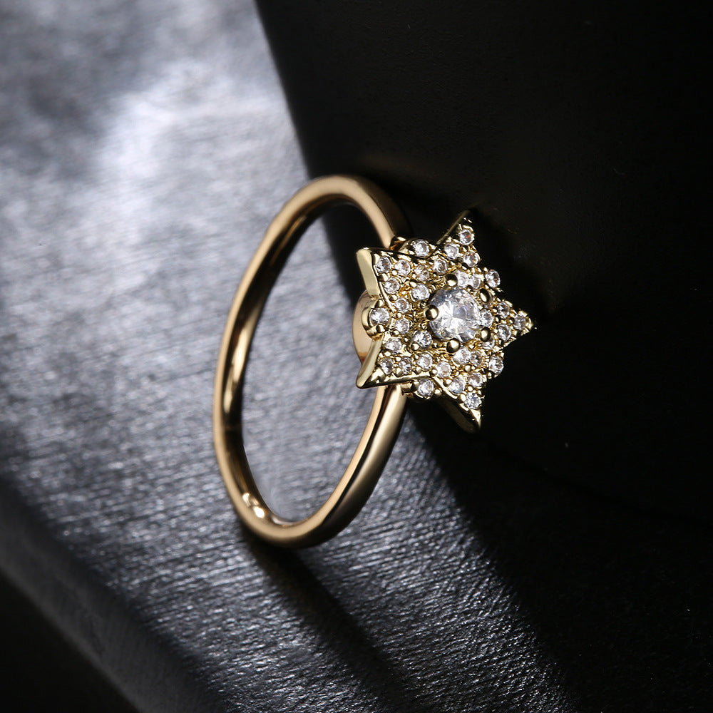 INS Style Geometric Copper Ring with 18K Gold Plating and Micro-Paved Zirconia Crown Star Design