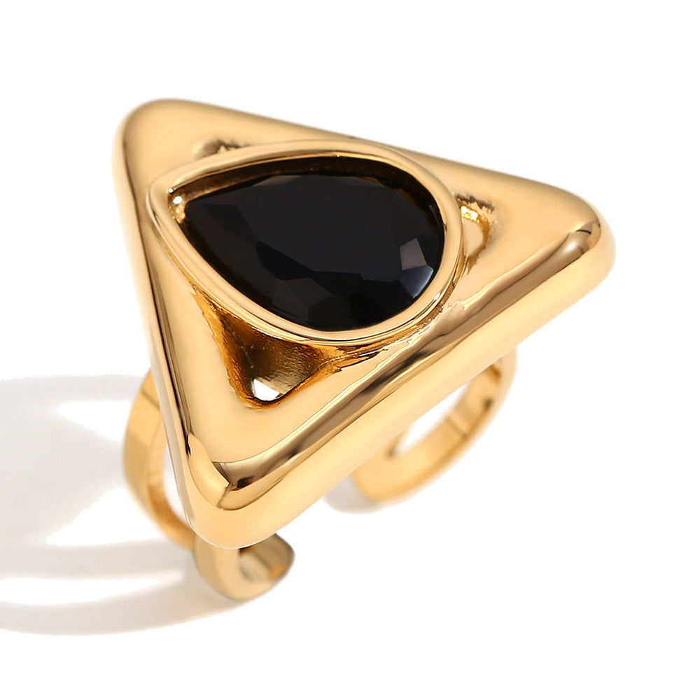Fashionable Geometric Stainless Steel Ring with 18K Gold Plating and Teardrop Rhinestone Accents for Women
