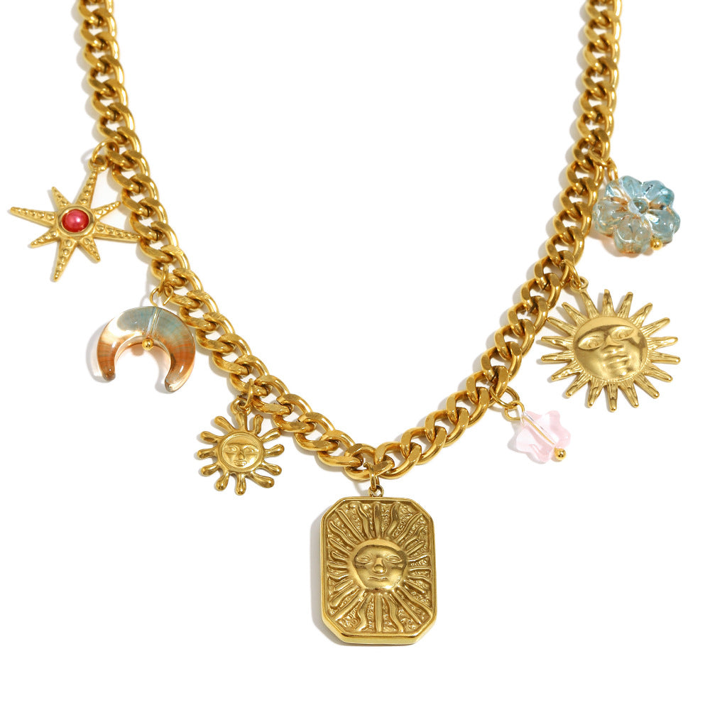 Collana Pendente Minimalista Geometrica Sole Luna e Ottagramma in Acciaio Inossidabile Placcato Oro 18K da Donna