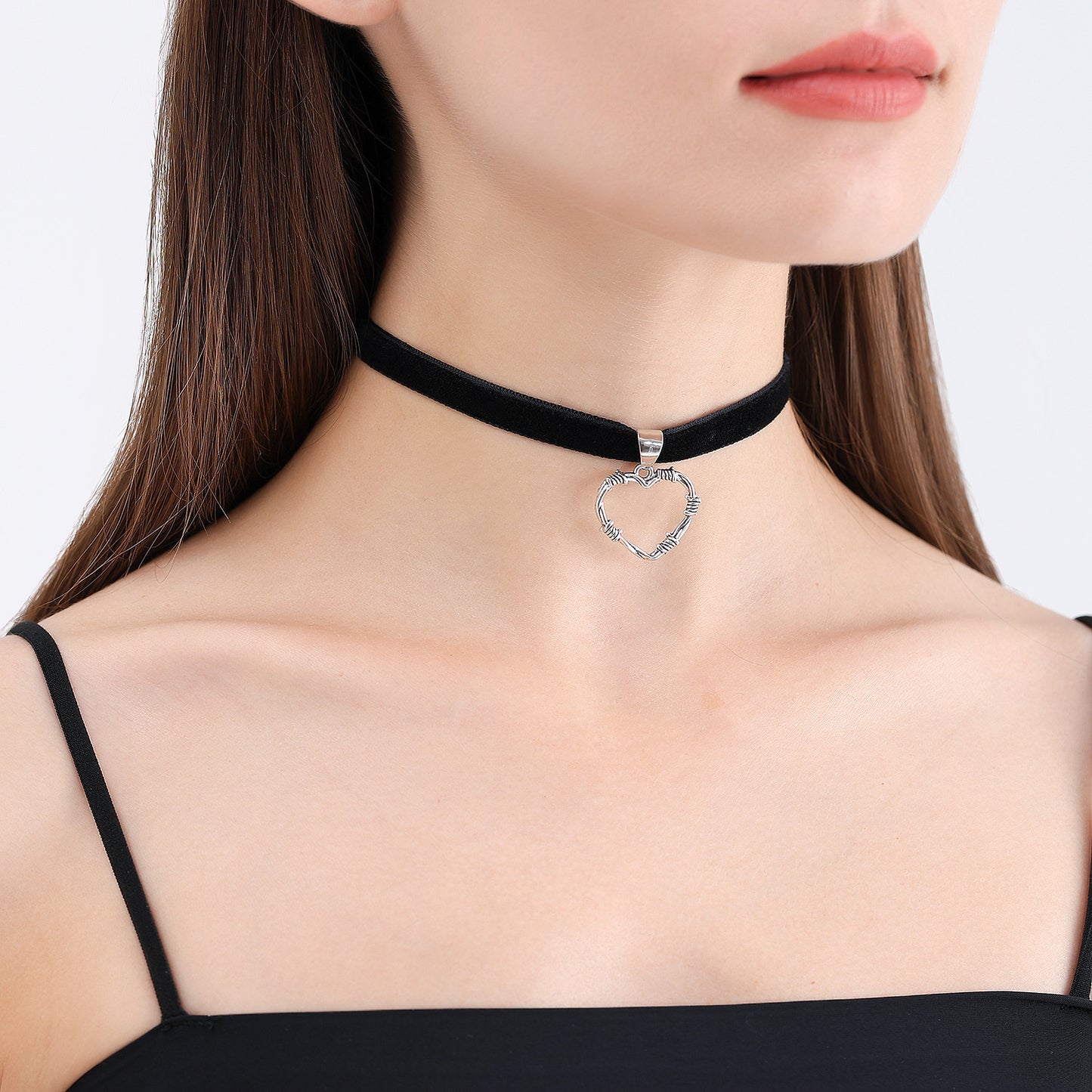 Edgy Black Satin Ribbon Choker Necklace with Hollow Heart Pendant for Women Alloy Plated Locket Chain