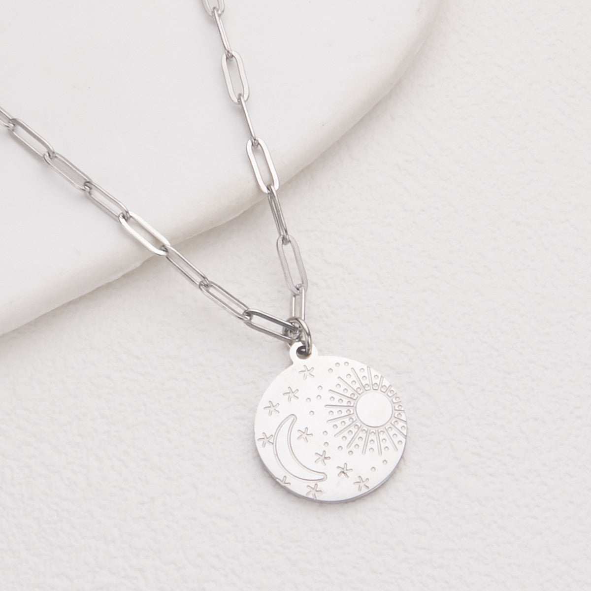 Minimalist Geometric Stainless Steel Polished Star Moon Sun Round Coin Pendant Necklace for Women