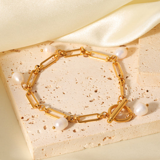 Bracciale minimalist geometrico in acciaio inossidabile con placcatura in oro 18 carati e perle d'acqua dolce da donna