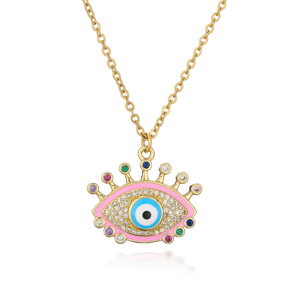 Minimalist Geometric Evil Eye Pendant Necklace for Women with Copper Base and Gold Plating, Enamel Finish and Zircon Inlay