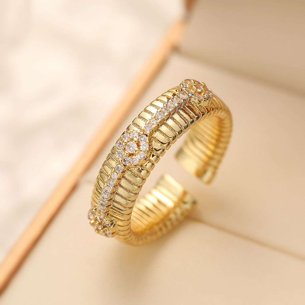 Geometric Open Ring for Women with Copper Base Plated in 18K Gold and Micro-Paved Zirconia, Fashion-Forward Minimalist Design