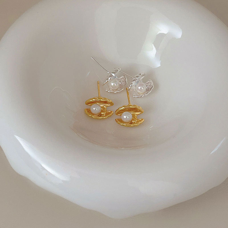 Minimalist Sweet 925 Sterling Silver Geometric Pearl Stud Earrings Gold Plated