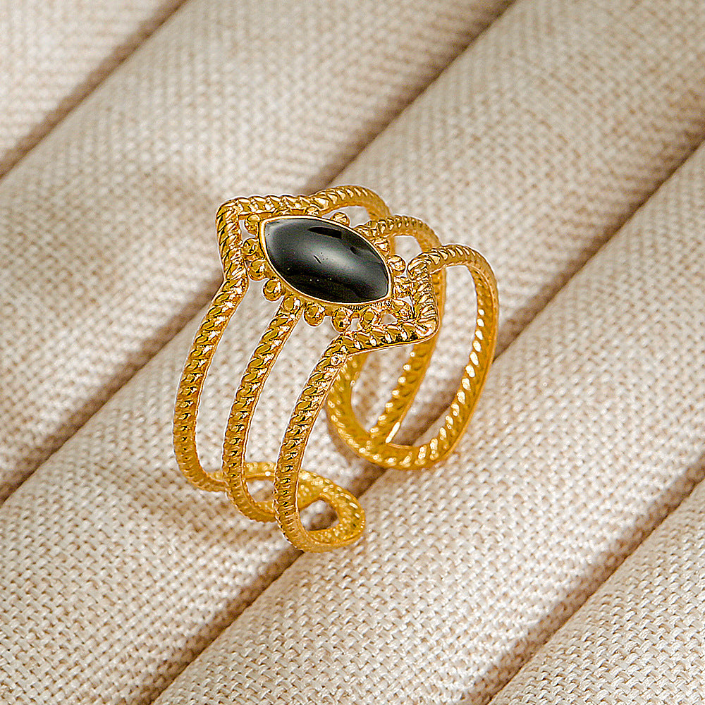 Vintage INS Style Stainless Steel Adjustable Ring with Natural Stone Inlay in Geometric Heart Zodiac and Animal Shapes