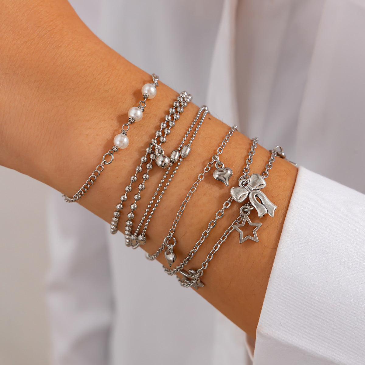 Minimalist Alloy Plated Butterfly Geometric Pearl Bracelet Set for Women