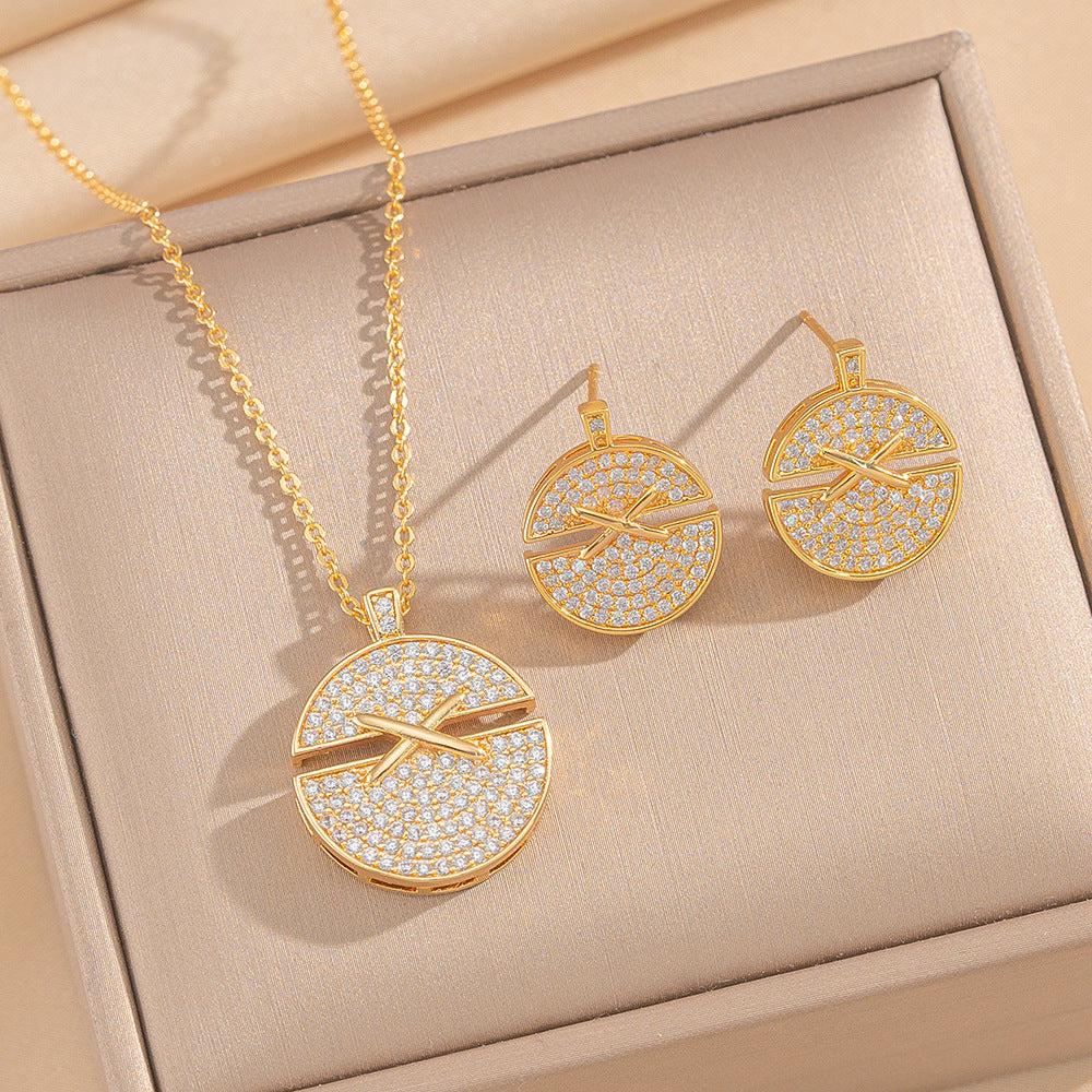 Minimalist Luxury Round Cross Pendant Necklace Set with Rhinestone Inlay in Gold-Plated Eco-Friendly Copper Snake Chain for Women and Men