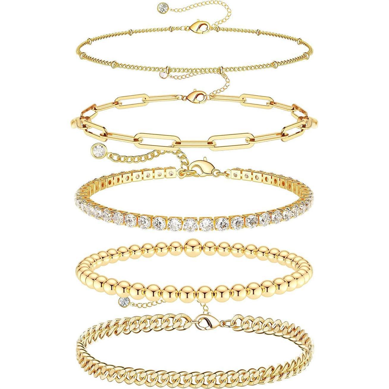 Bohemian Minimalist Geometric Plated Alloy Cuban Link Chain Pearl Bracelet Set for Women