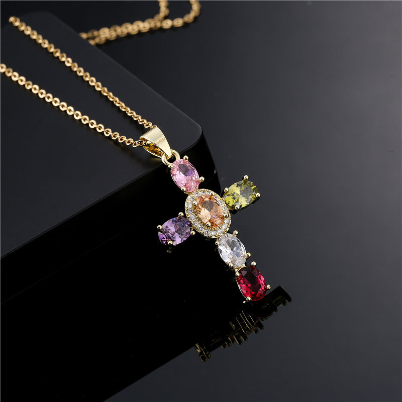 Minimalist Geometric Cross Brass Inlaid Cubic Zirconia Pendant Necklace with Cable Chain for Women