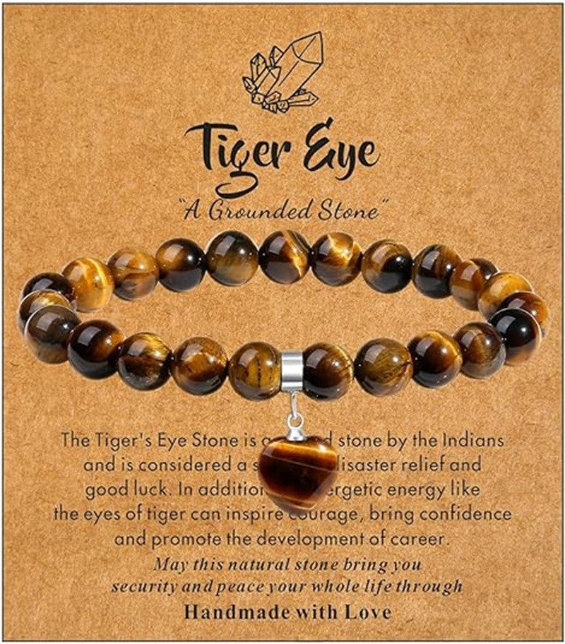 Minimalist Natural Stone Beaded Bracelet with Heart Pendant Unisex Elastic Stretch Bangle