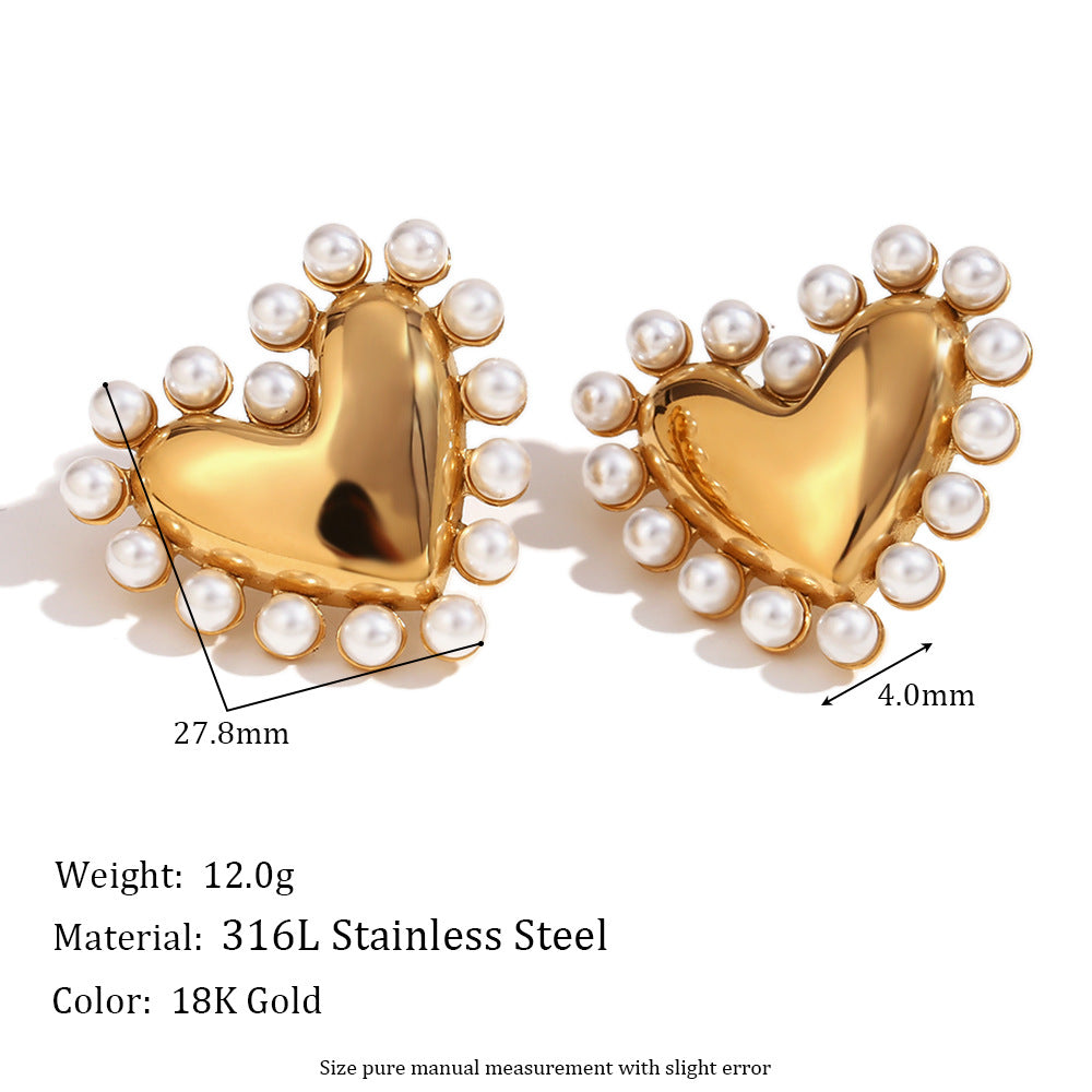 Vintage Style Heart-Shaped Stainless Steel Earrings with 18K Gold Plating and Pearlized Finish for Women
