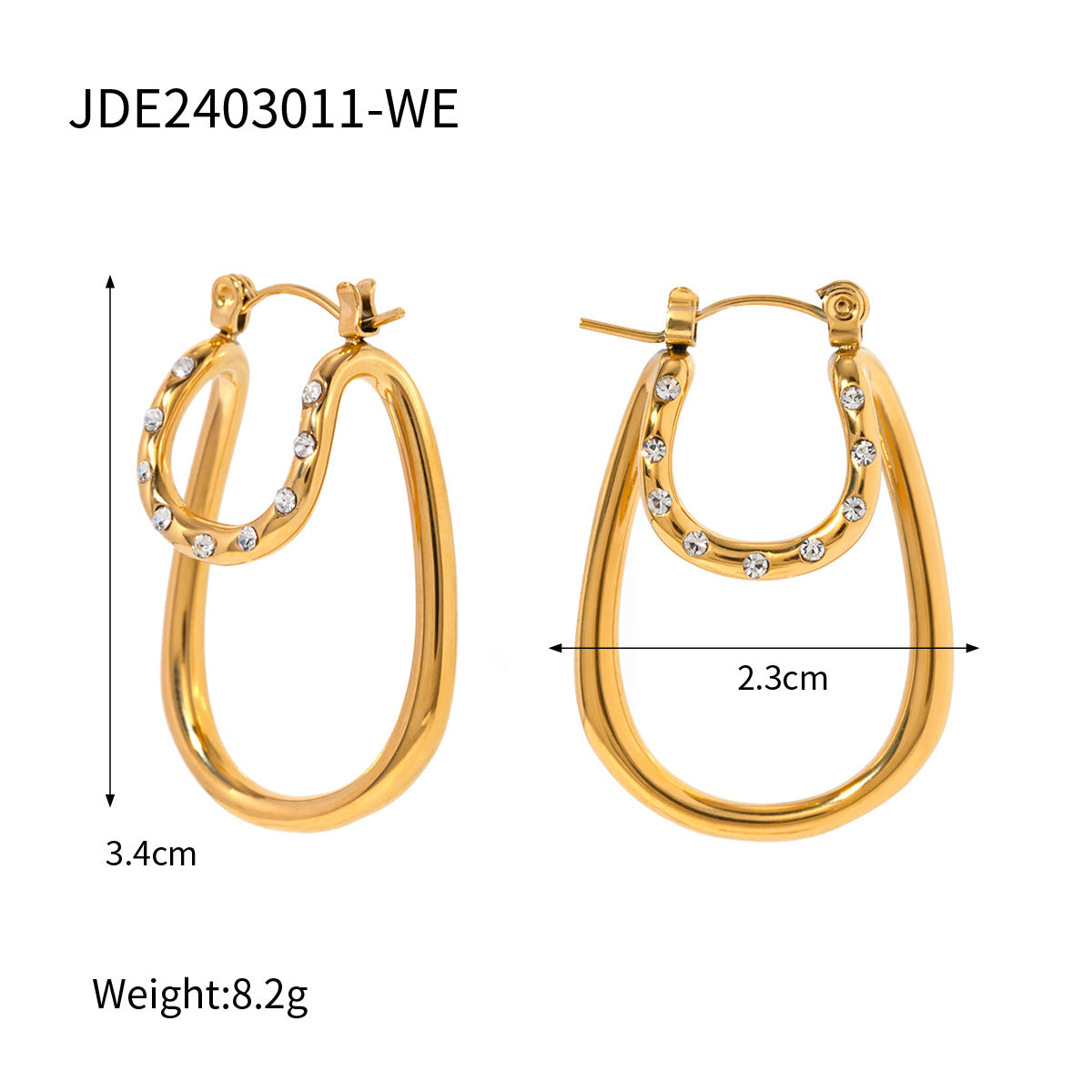 Luxury Ins Style 18K Gold Plated Stainless Steel White Rhinestone Double Layer Curved Geometric Earrings for Women