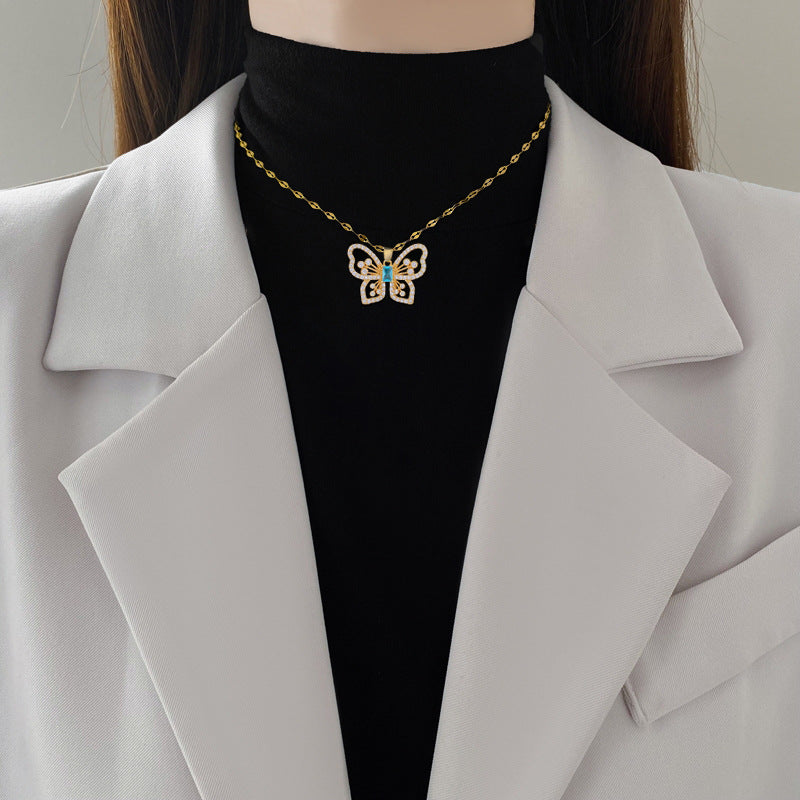 Sweet Minimalist Geometric Butterfly Rhinestone Titanium Steel Necklace for Unisex