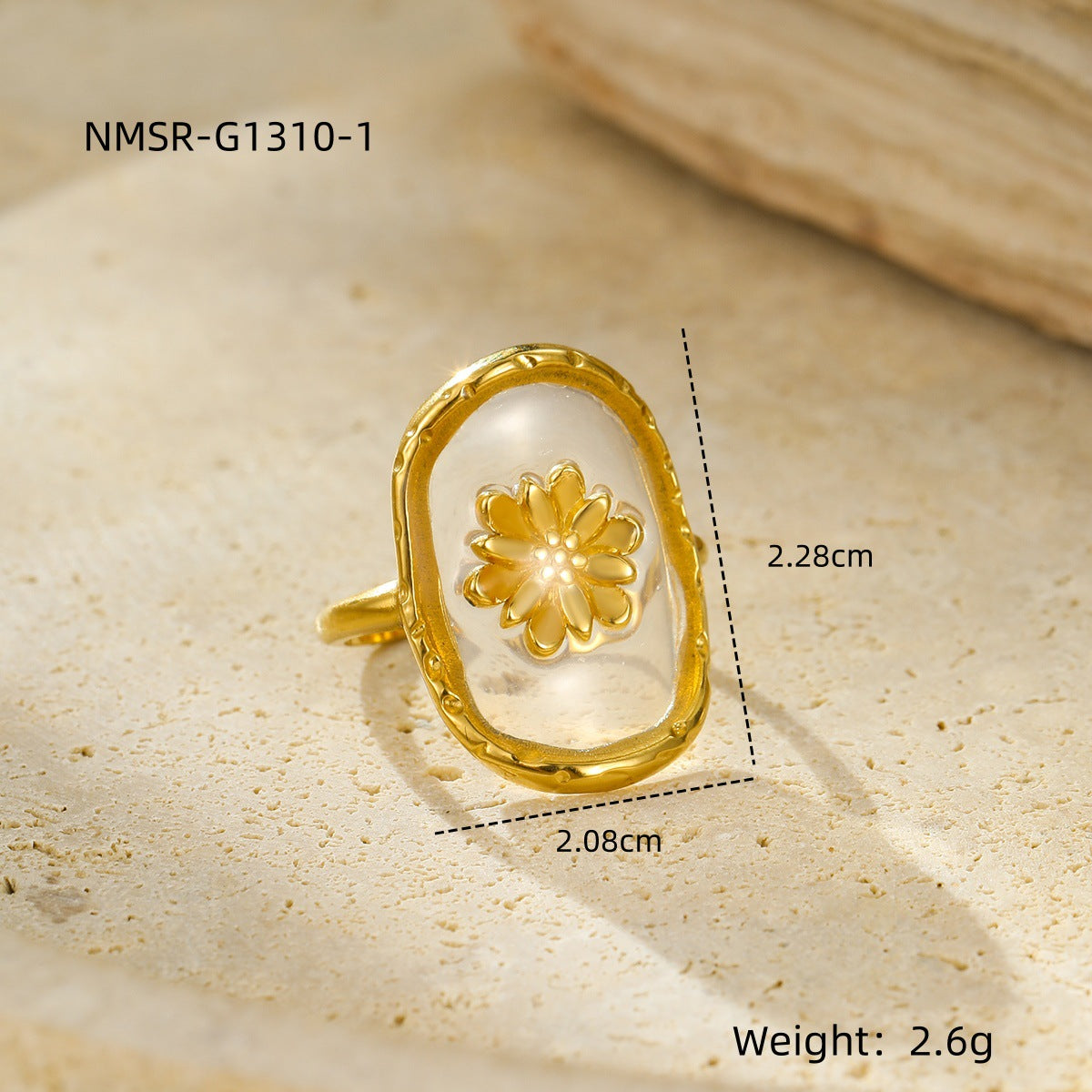 Light Luxury Floral-Shaped Stainless Steel Ring for Women with Epoxy Resin Preserved Flowers and Plated Finish