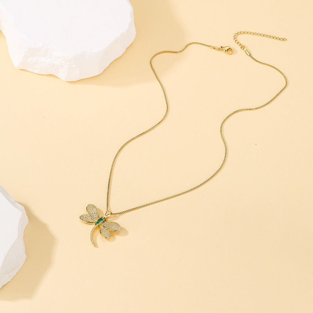 Minimalist Dragonfly Pendant Necklace for Women with Copper Base Plated in 18K Gold and Micro-Paved Zirconia