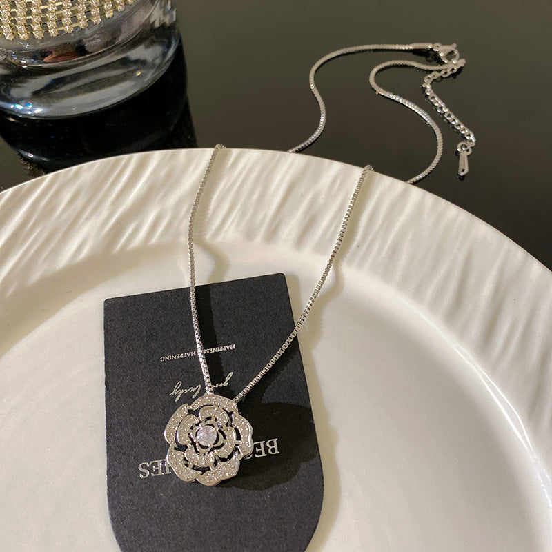 Minimalist Sweet Rhinestone Camellia Flower Titanium Steel Necklace with Brass Pendant for Unisex
