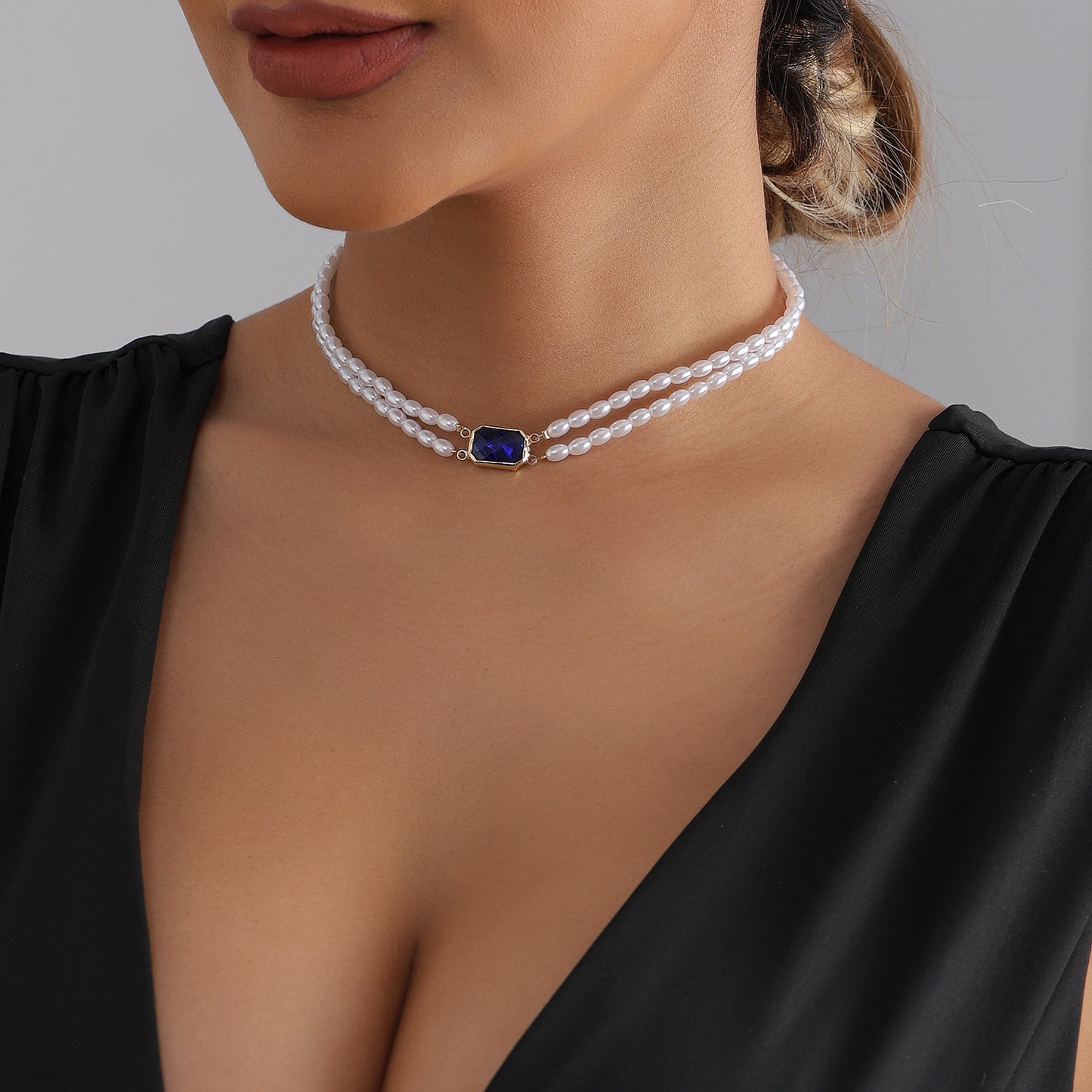 Fashion Double Layer Square Geometric Alloy Necklace with Rhinestone and Imitation Pearl for Women