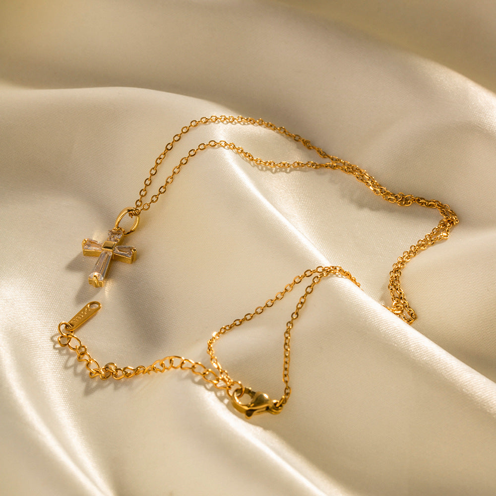 Minimalist Geometric Stainless Steel Pendant Necklace with 18K Gold Plating and White Zircon Inlay for Women