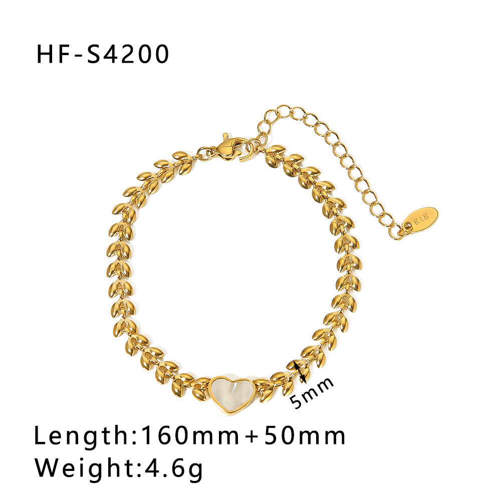 Minimalist Heart-Shaped White Abalone Shell Bracelet in Stainless Steel with 18K Gold Plating for Women