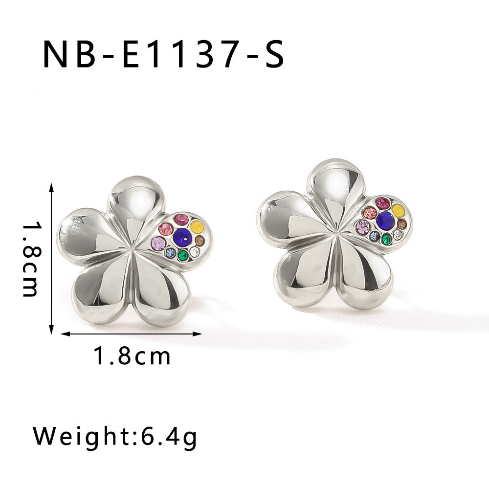Floral Design Stainless Steel Earrings with Rhinestone Inlay Five-Petal Flower Shape for Women