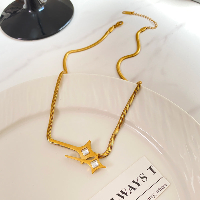 Sweet Streetwear Gold Plated Titanium Steel Double Star Micro-set Cubic Zirconia Flat Snake Chain Necklace