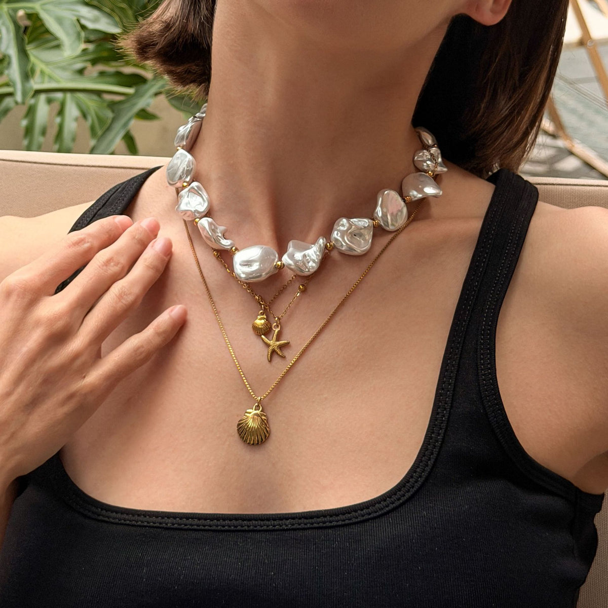 Sweet Stainless Steel Starfish Shell Pearl Pendant Necklace Plated Fine Chain Women's Jewelry