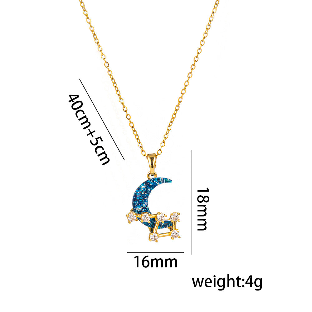 Minimalist Star and Moon Pendant Necklace for Women in Titanium Steel with Rhinestone Inlay and Plated Finish