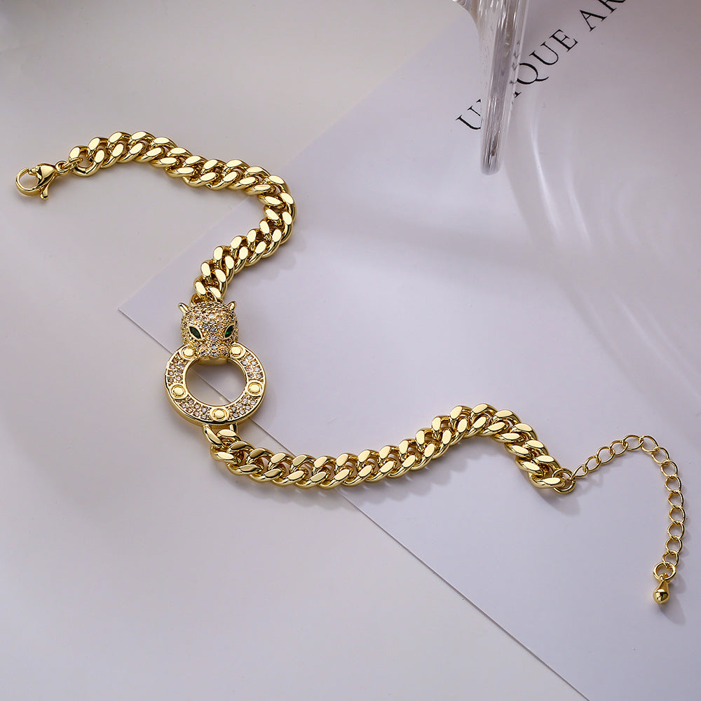 Fashionable Leopard-Shaped Geometric Cuban Link Bracelet for Women in Brass with Real Gold Plating and Micro-Pave Zirconia