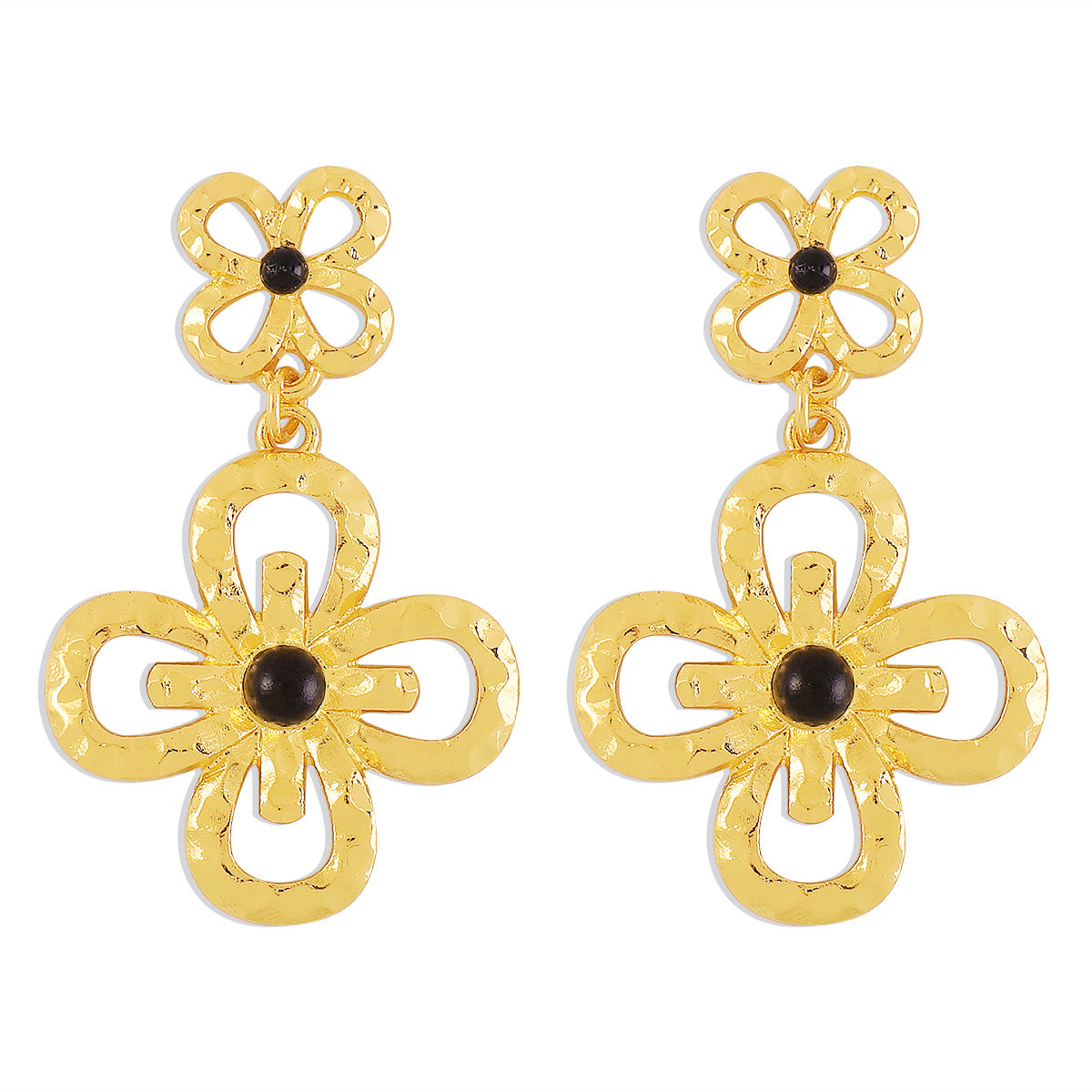 Pendientes florales geométricos huecos, dulces y atrevidos, de aleación con incrustaciones de perlas simuladas y acabado galvanizado para mujer