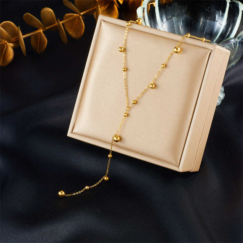 Minimalist Fashion Long Tassel Round Ball Gold-Plated Stainless Steel Pendant Necklace for Women