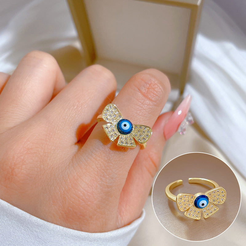Anello da donna in ottone con zirconi a farfalla in stile cartoon, finitura galvanica, fascia regolabile, stile minimalista giapponese