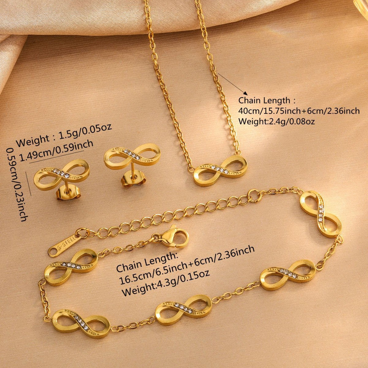Luxury Stainless Steel Infinity Symbol Necklace Set with Cubic Zirconia for Women