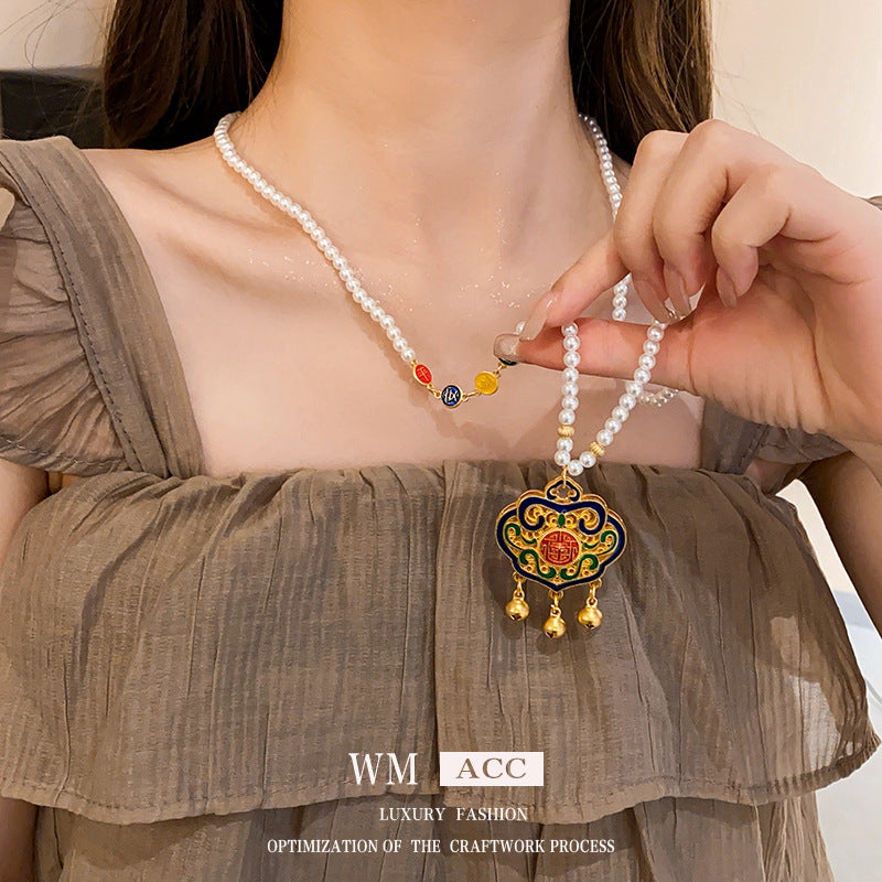 Vintage Floral and Geometric Alloy Pendant Necklace with Lucky Lock and Lotus Motif for Women