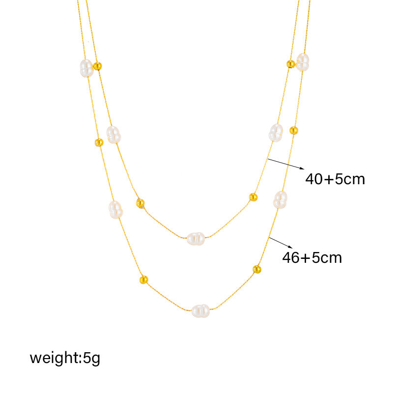 Elegant Vintage-Inspired Minimalist Double-Layer Titanium Steel Clavicle Necklace with Pearl Accents and Gold Plating