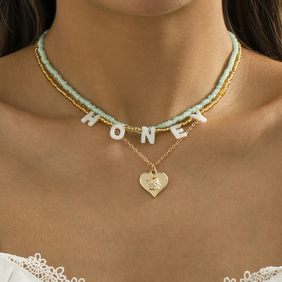 Minimalist Honey Letter Layered Necklace with Heart Shape Pendant, Alloy Chain, Electroplated Finish, Bohemian and Rustic Inspired