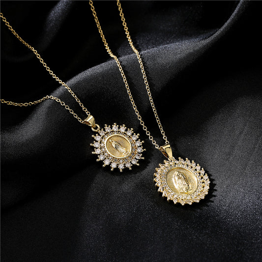 Religious Geometric Pendant Necklace for Women in Copper with Micro-Paved Zirconia on O-Chain