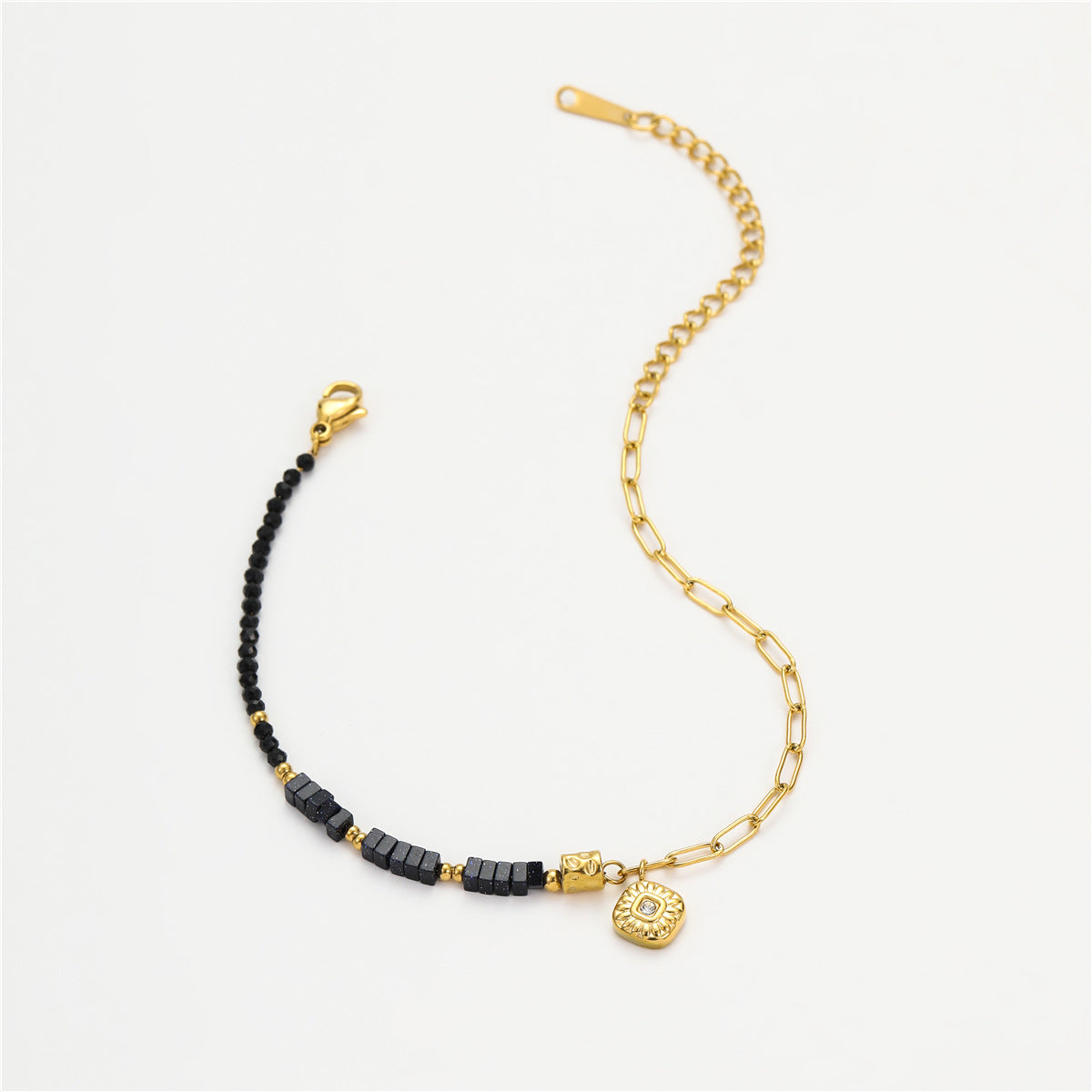 Fashionable Minimalist Square Geometric Beaded Bracelet in Stainless Steel with Zircon Inlay Adjustable for Women