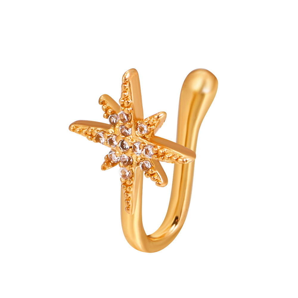 Clip per il naso a forma di U con stella e cuore placcata in rame vintage con zirconia cubica