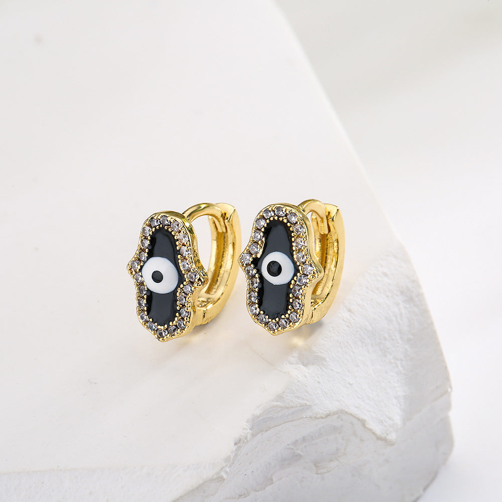 Minimalist Geometric Hand Eye Pendant Mini Earrings for Women with Copper Base Plated in 18K Gold and Enamel-Finished Zirconia Accents