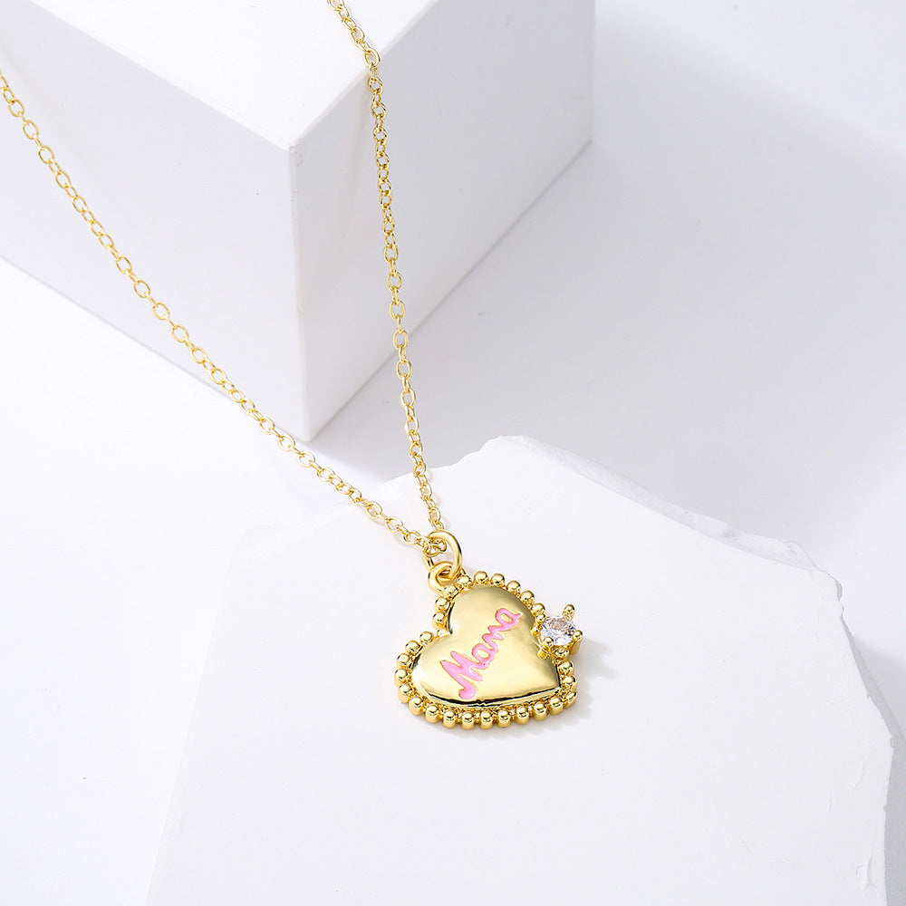 Minimalist MAMA Heart Pendant Necklace for Women with Copper Base Plated in 18K Gold and Zircon Inlay