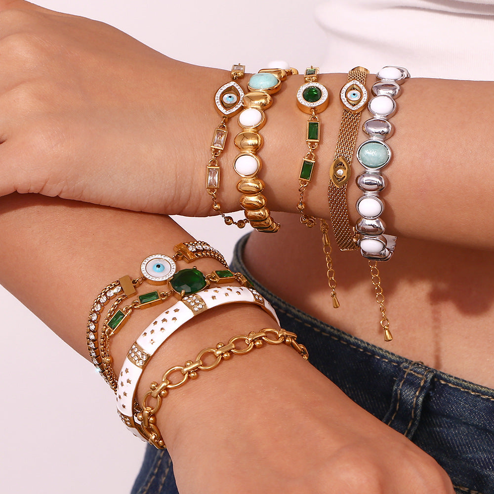 Bracciale da donna in acciaio inossidabile placcato oro 18 carati con occhio di Allah, design geometrico vintage e intarsi in pietra naturale