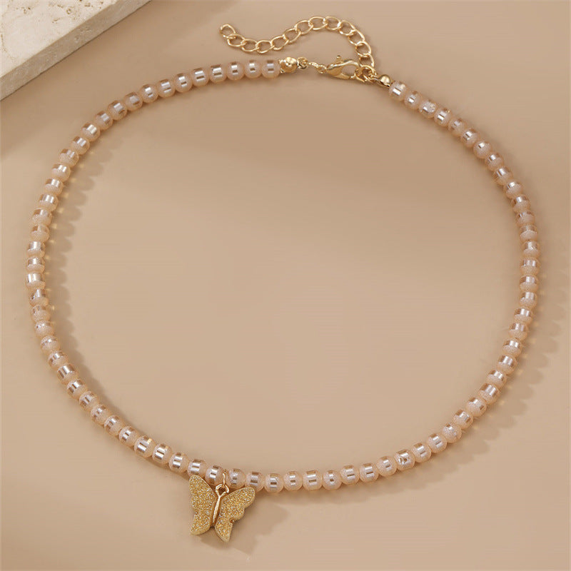 Juego de collar con colgante de lazo de mariposa minimalista para niñas, cadena de cuentas redondas de aleación, regalo de joyería para niños