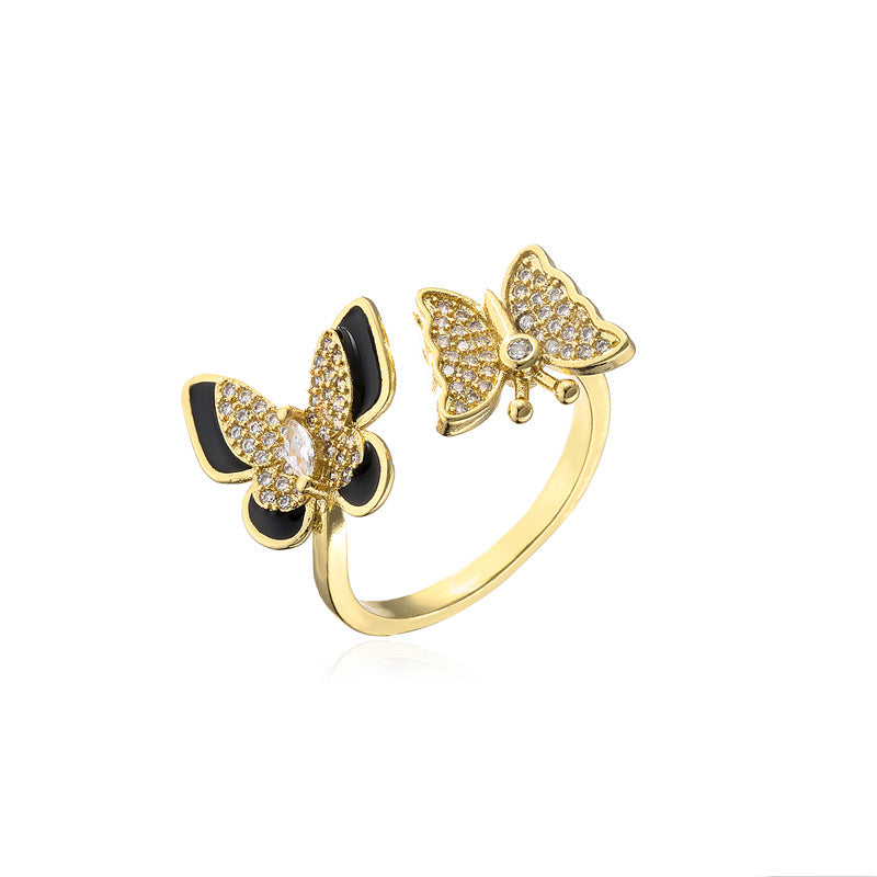 Gold Plated Brass Micro-Inlaid Cubic Zirconia Drip Oil Butterfly Open Ring for Women