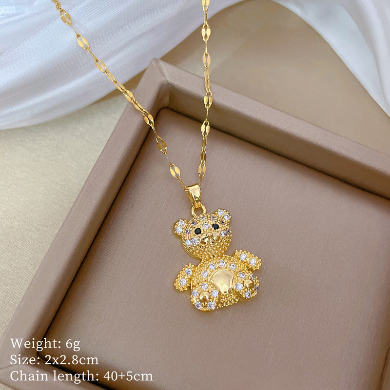Collana con ciondolo orso minimalista geometrico a diamante intero da donna, catena in acciaio al titanio con accento luna