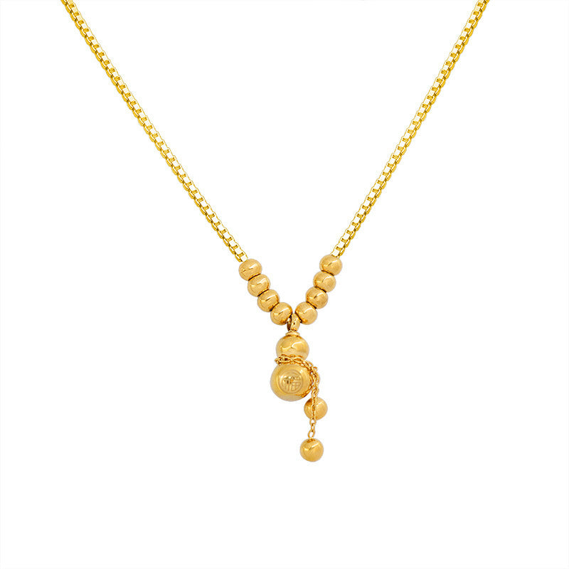 Collana con ciondolo a zucca a perline rotonde con carattere Fu in stile cinese minimalista, in acciaio al titanio placcato oro, unisex