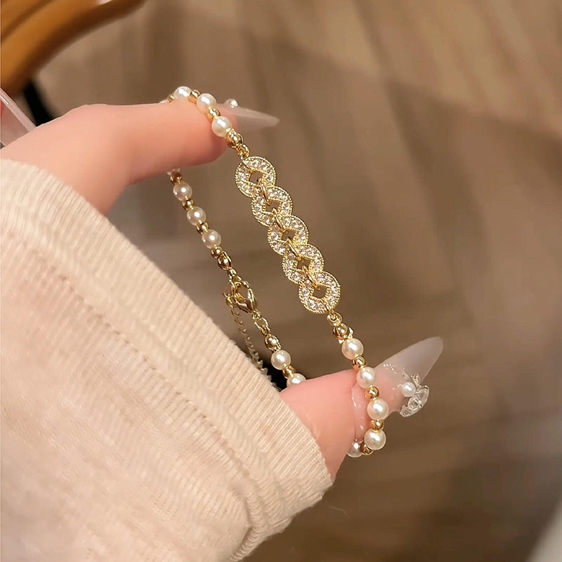 Vintage Luxury Geometric Cubic Zirconia Inlaid Pearl Bracelet for Women