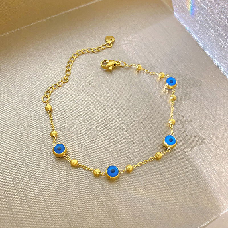 Vintage Luxury Round Geometric Gold Plated Titanium Steel Blue Evil Eye Bracelet for Women