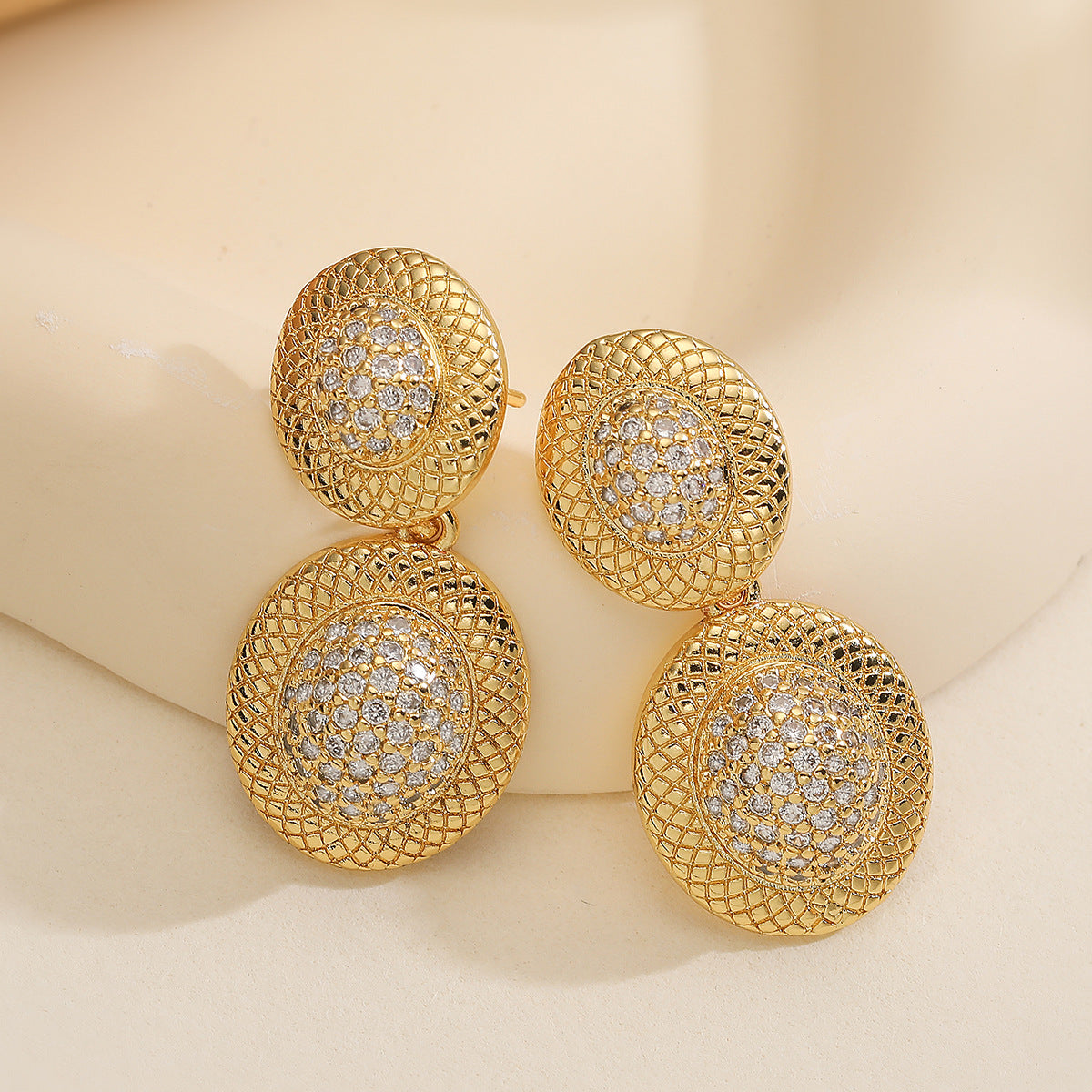 Vintage Geometric Earrings for Women Made of Brass with 18K Gold Plating and Micro-Paved Zirconia, Minimalist Luxury Design