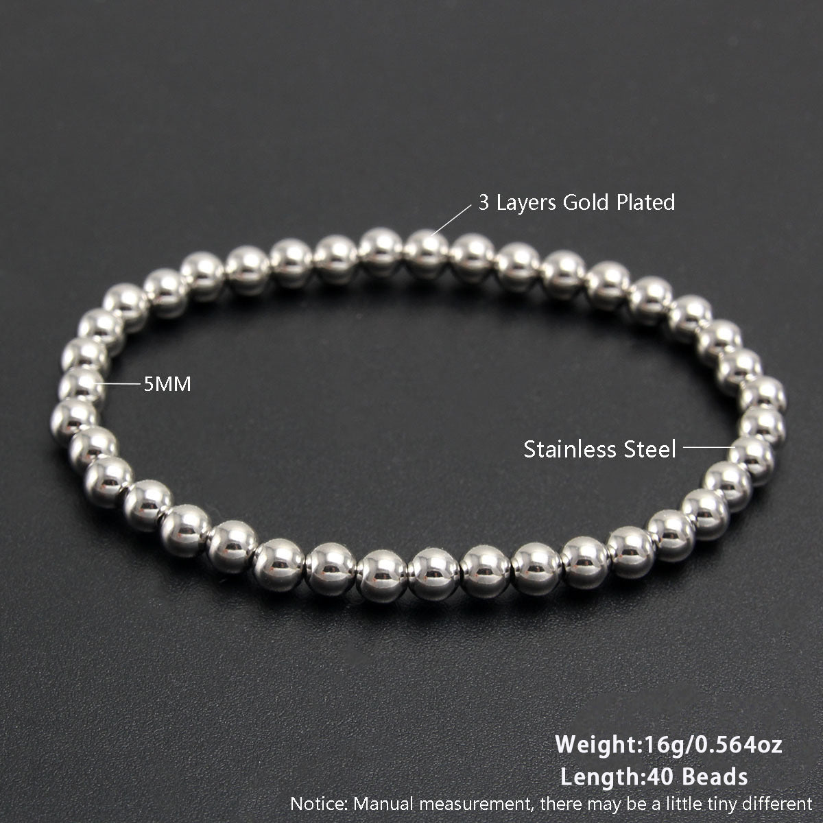 Gold Plated Stainless Steel Ball Chain Bracelet Unisex Elastic Beaded Hand String